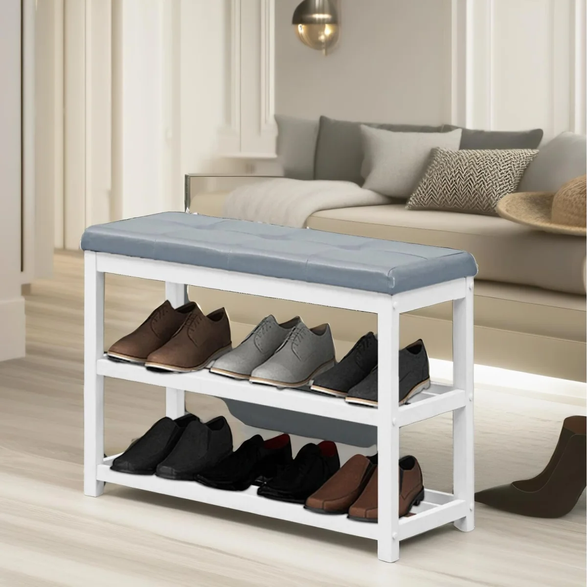 Wooden 2 Tier Shoe Rack Bench - Grey – image 7