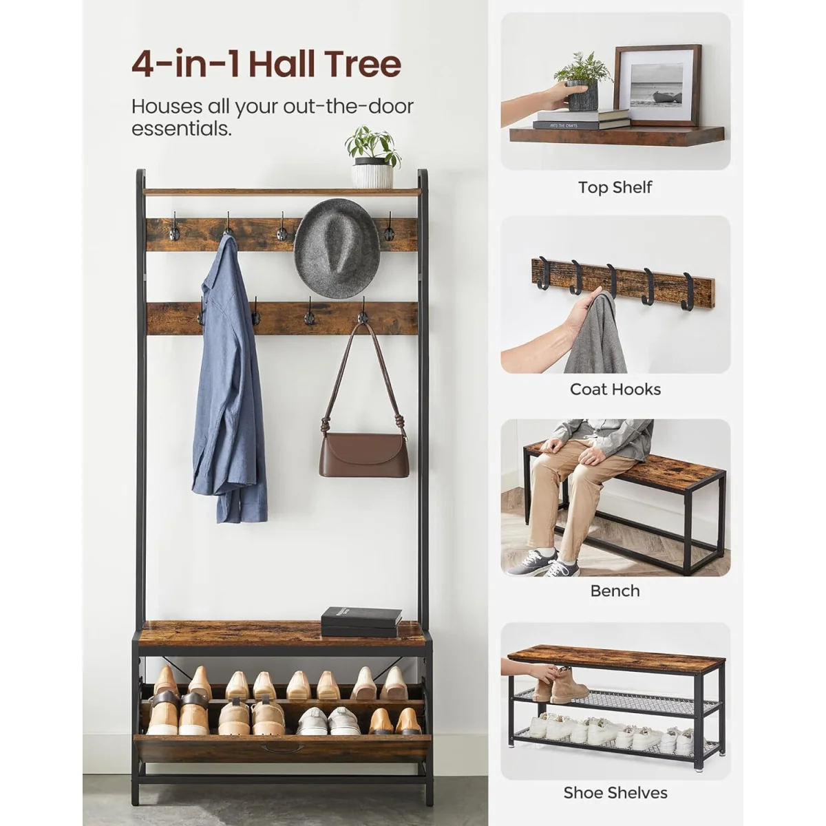 Hall Tree Bench with Shoe Storage, Hooks and Top Shelf for Entryway Organisation - Rustic Brown and Black – image 2