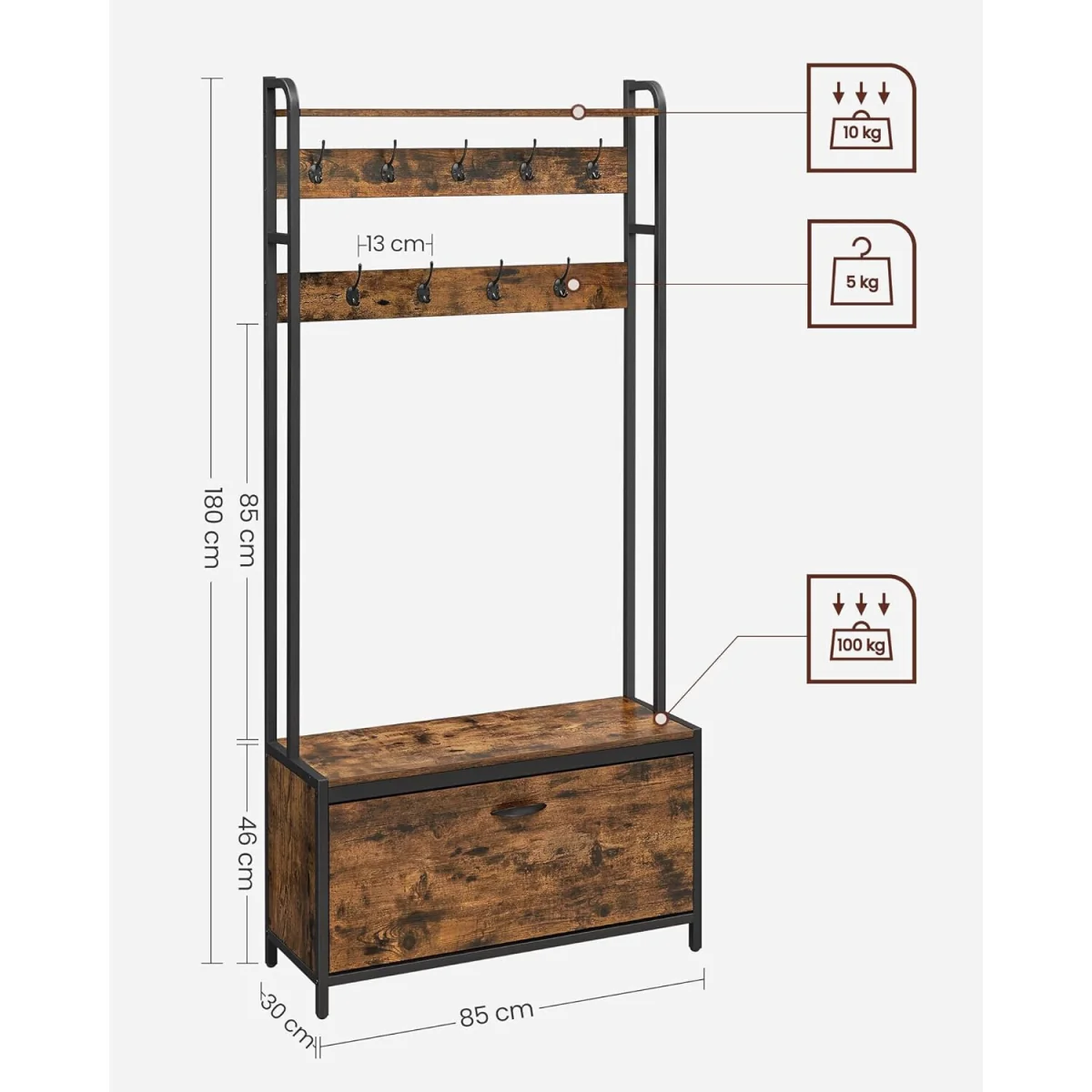 Hall Tree Bench with Shoe Storage, Hooks and Top Shelf for Entryway Organisation - Rustic Brown and Black – image 3