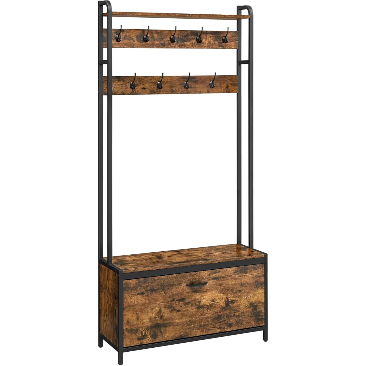 Hall Tree Bench with Shoe Storage, Hooks and Top Shelf for Entryway Organisation - Rustic Brown and Black – image 4