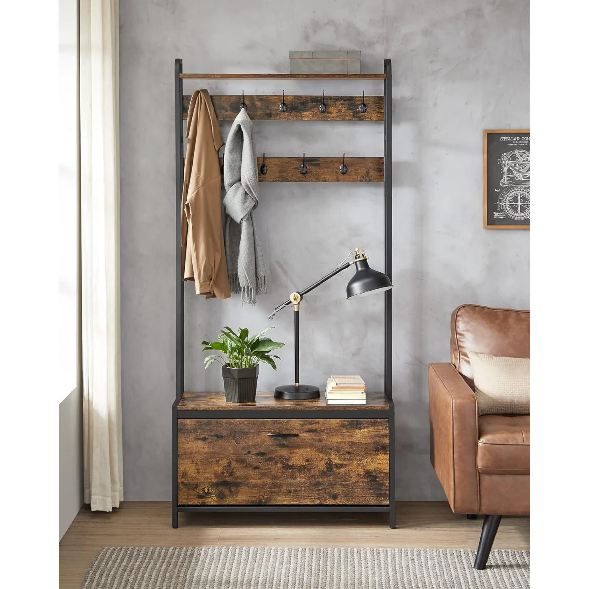 Hall Tree Bench with Shoe Storage, Hooks and Top Shelf for Entryway Organisation - Rustic Brown and Black – image 5