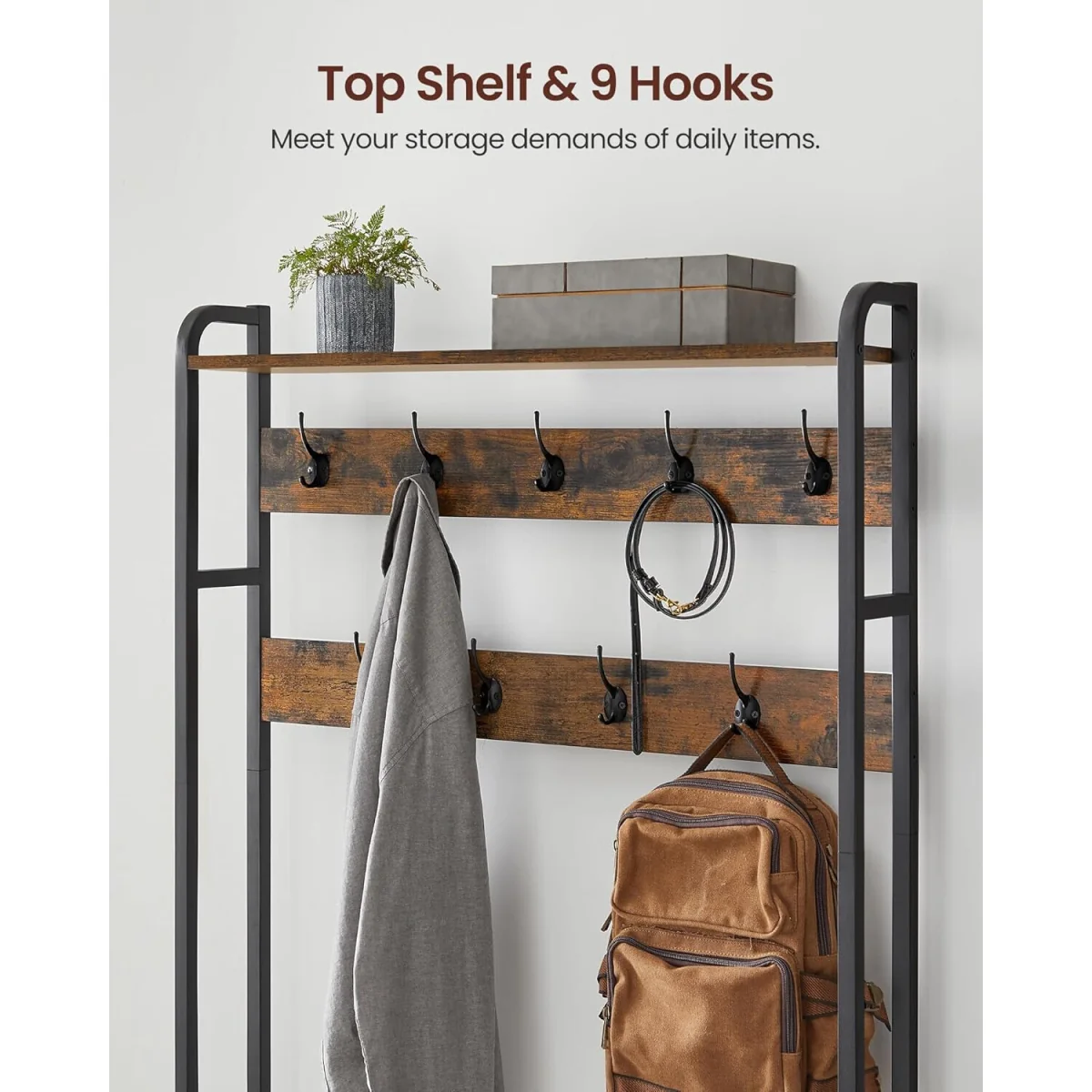 Hall Tree Bench with Shoe Storage, Hooks and Top Shelf for Entryway Organisation - Rustic Brown and Black – image 8