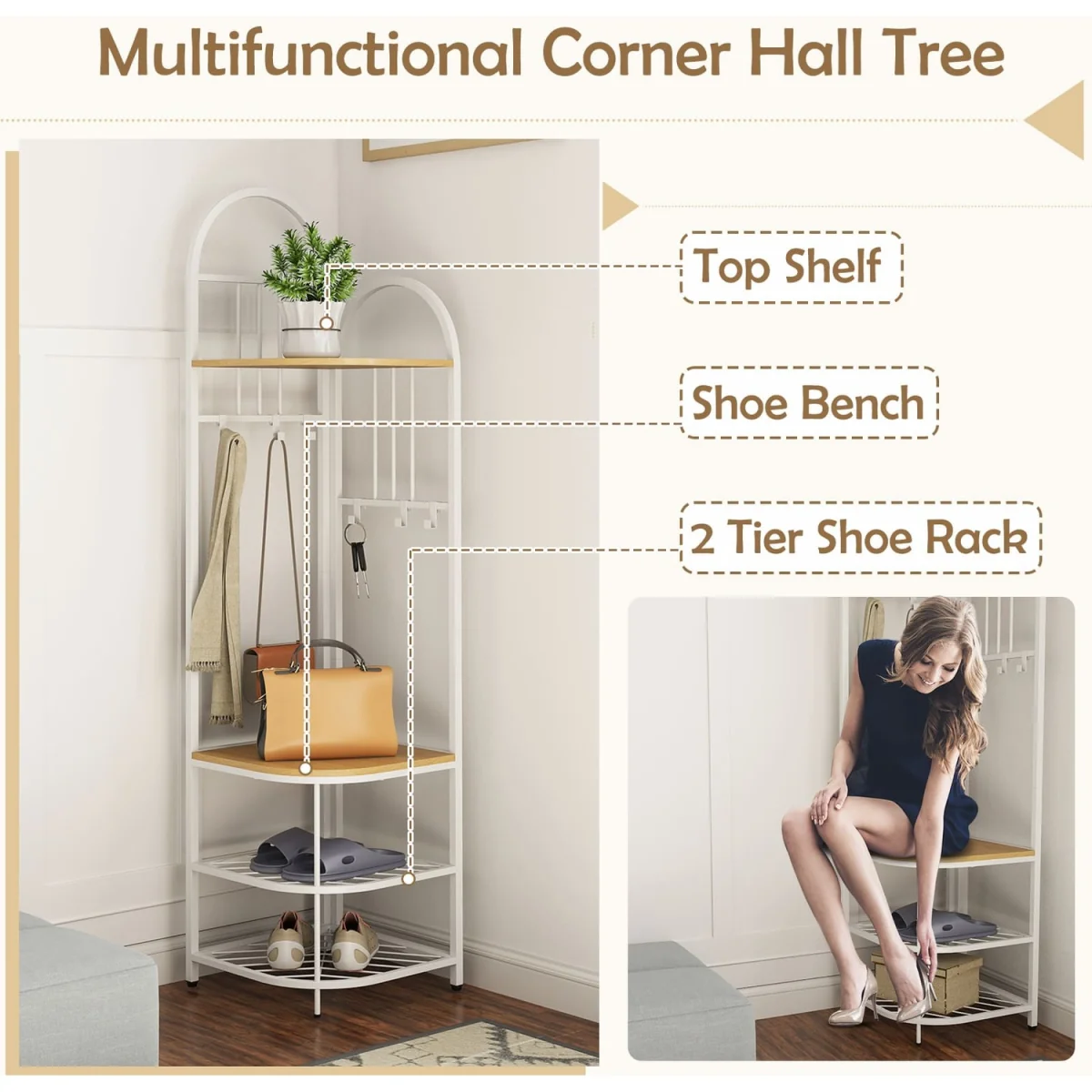 Tall Corner Hall Tree with Shoe Storage Bench - Brown – image 5