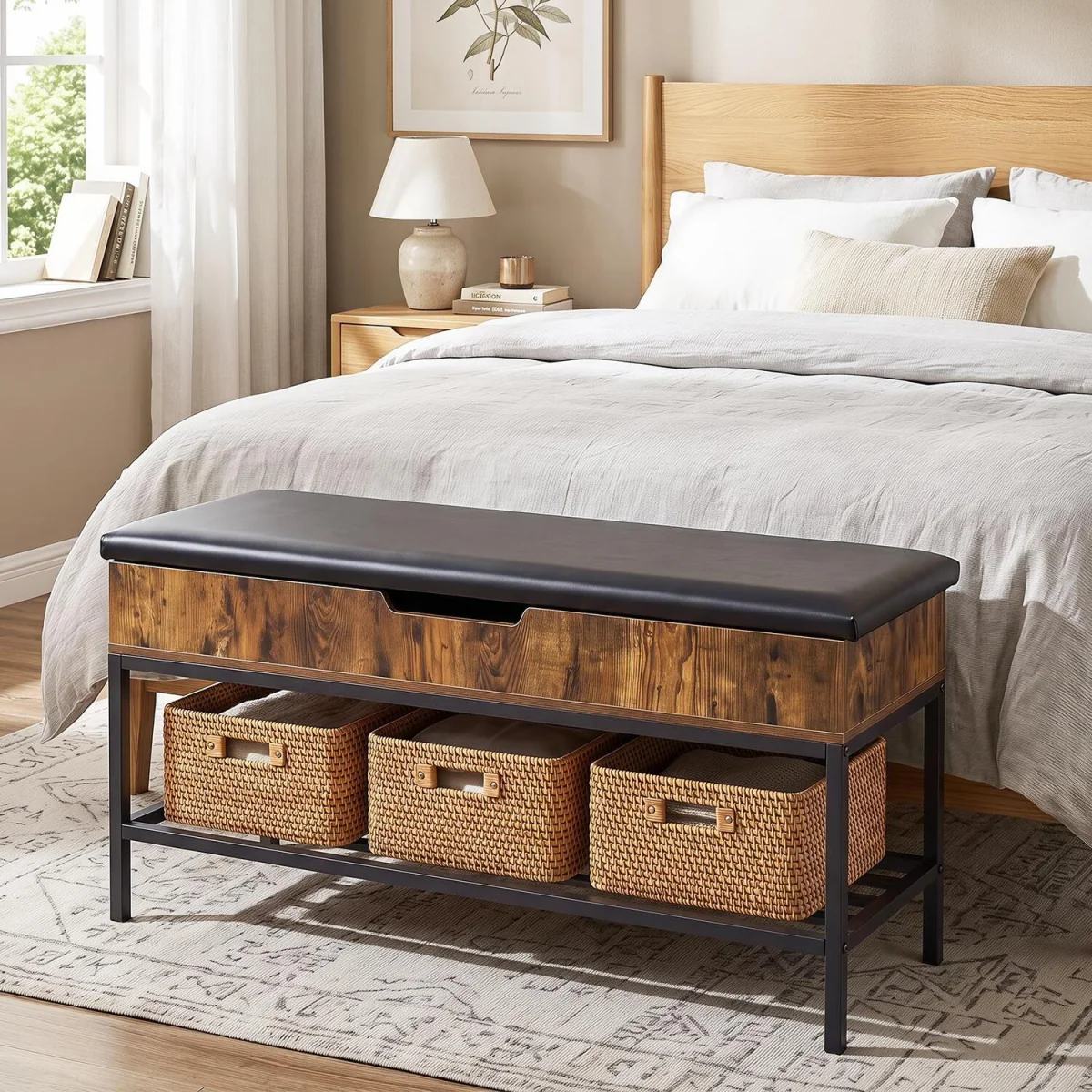100 CM Shoe Storage Bench with Shelf And Lift Top - Brown – image 3