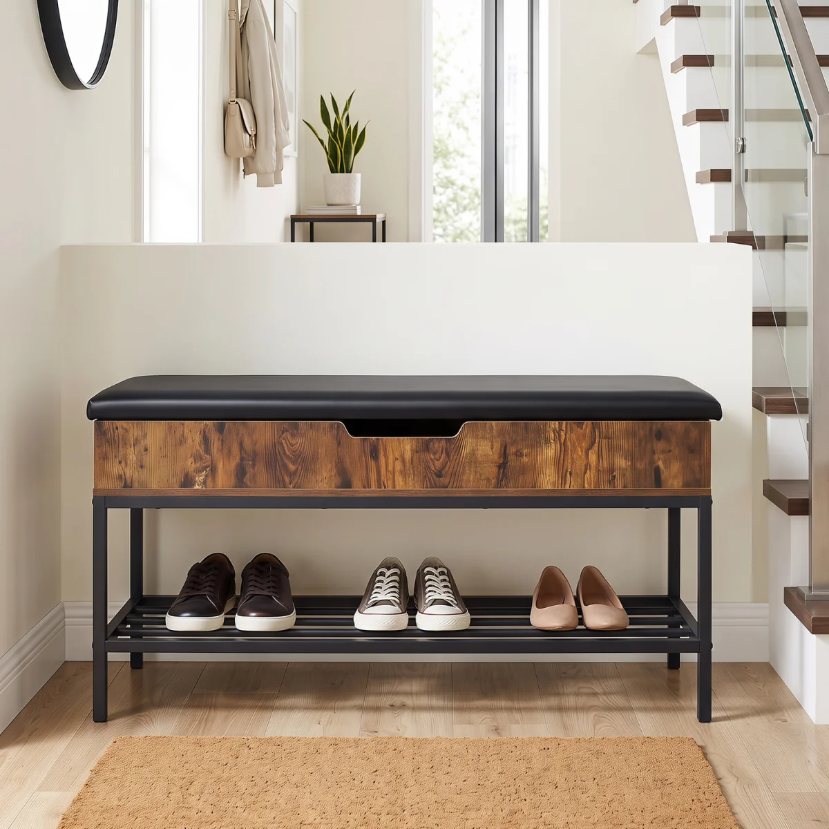 100 CM Shoe Storage Bench with Shelf And Lift Top - Brown – image 4