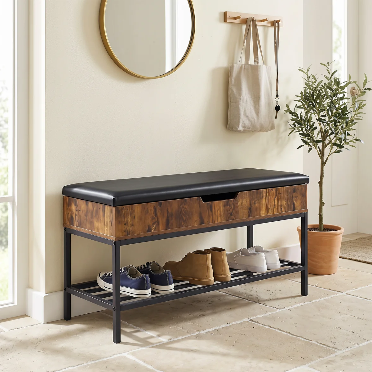 100 CM Shoe Storage Bench with Shelf And Lift Top - Brown – image 5