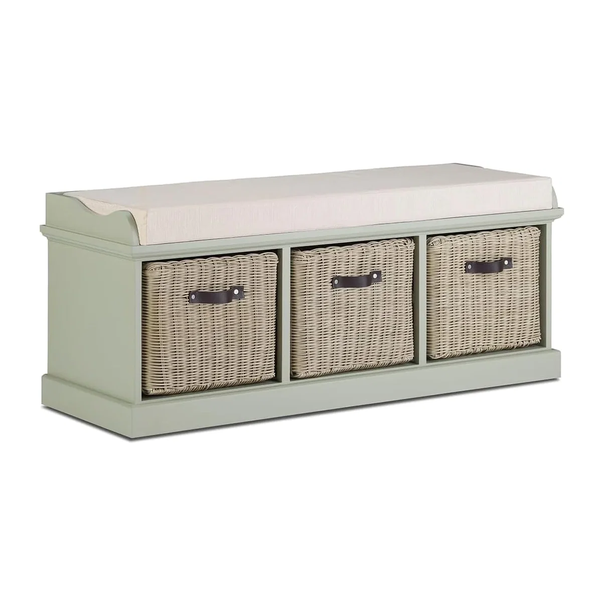 Tetbury Large Bench with Strong Rattan Baskets - Sage Green