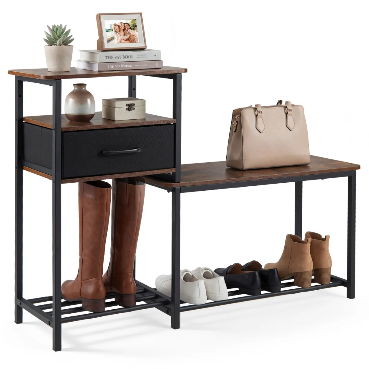 3 Tiers Industrial Shoe Rack Bench - Brown – image 2