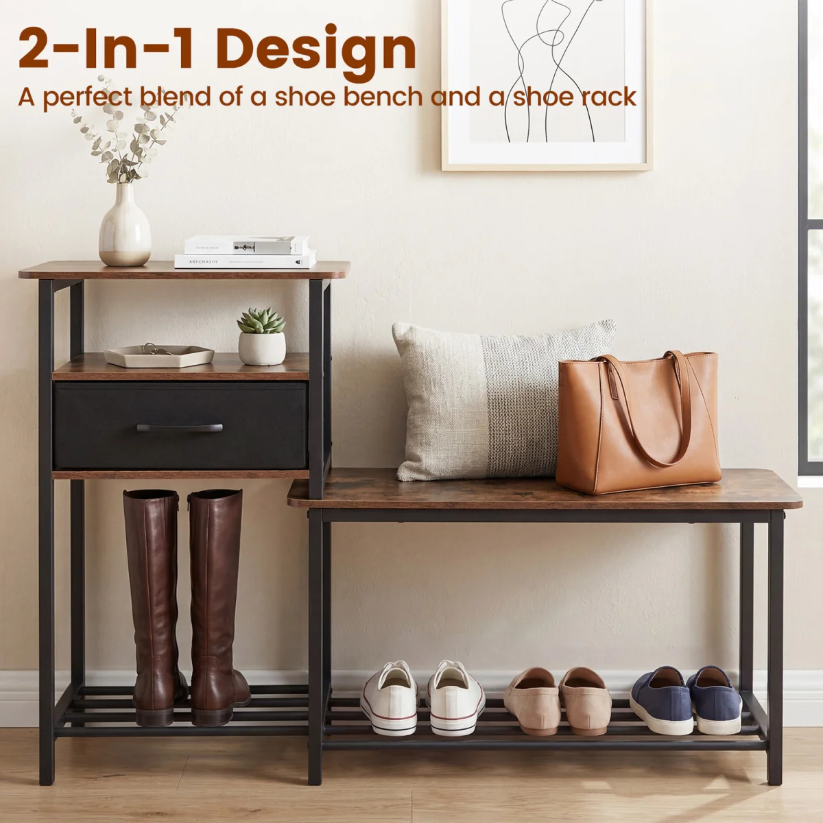 3 Tiers Industrial Shoe Rack Bench - Brown – image 3
