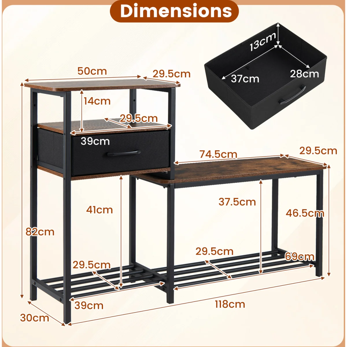 3 Tiers Industrial Shoe Rack Bench - Brown – image 4
