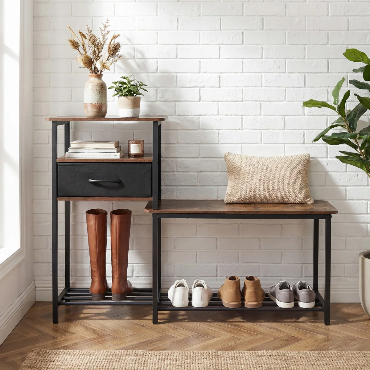 3 Tiers Industrial Shoe Rack Bench - Brown – image 5
