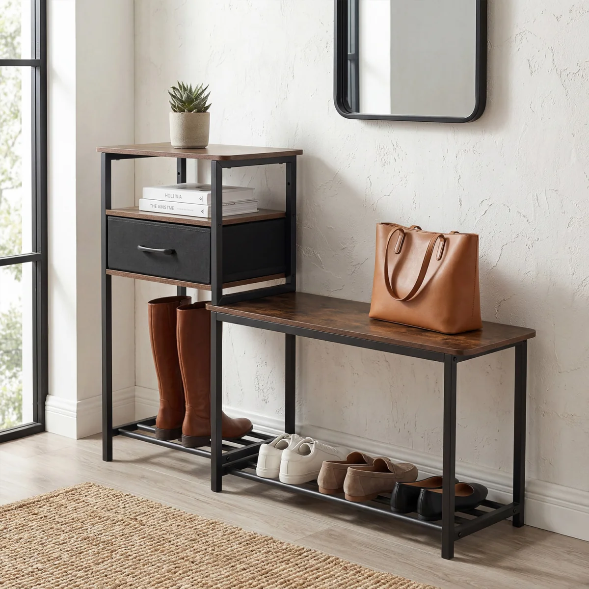3 Tiers Industrial Shoe Rack Bench - Brown – image 6