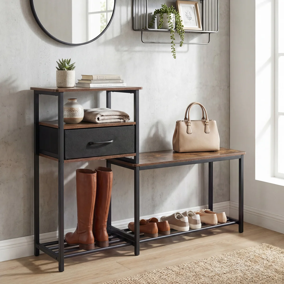 3 Tiers Industrial Shoe Rack Bench - Brown – image 7