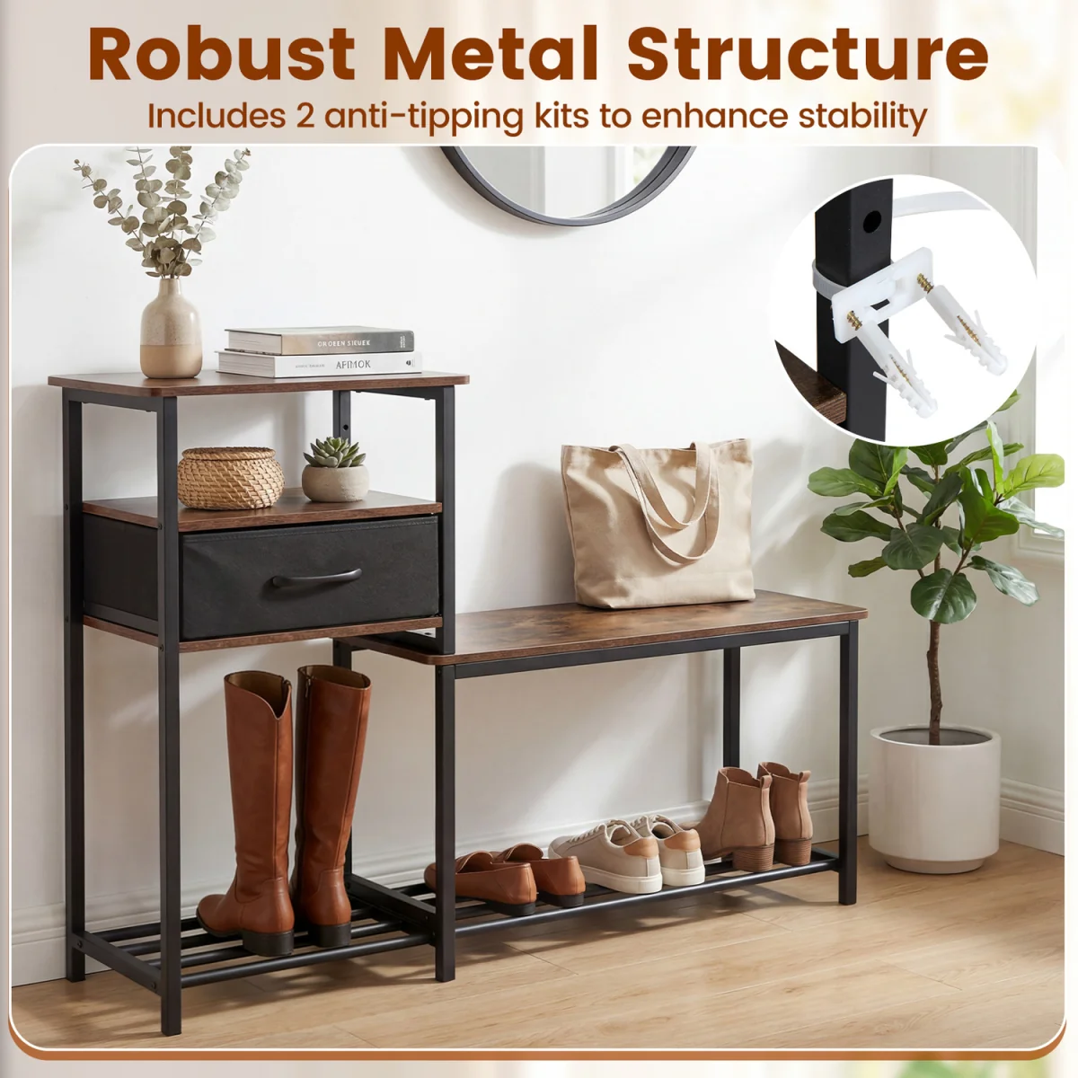 3 Tiers Industrial Shoe Rack Bench - Brown – image 9