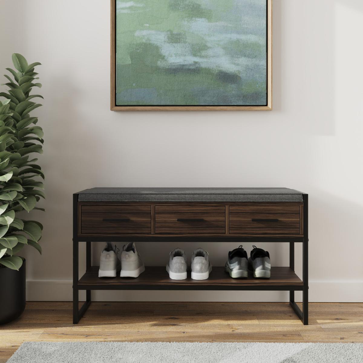 Quinn Industrial Shoe Bench with Storage - Walnut