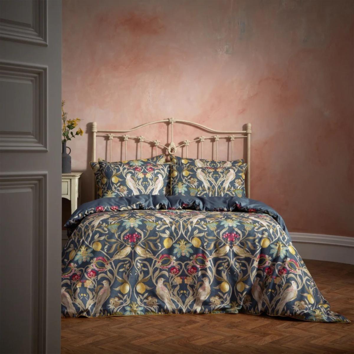 Edinburgh Weavers Liberty Traditional Floral Printed Piped Duvet Cover Set Navy - King, Cotton, Trellis
