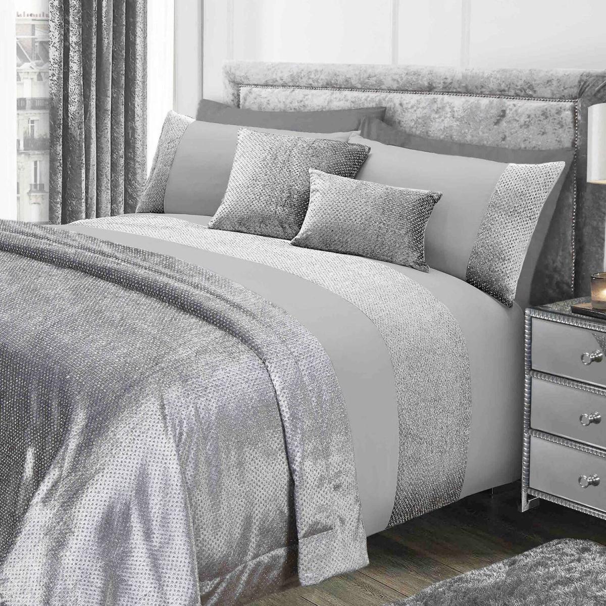 Sienna Glitter Velvet Duvet Cover Set with Pillowcases - Silver / King – image 2