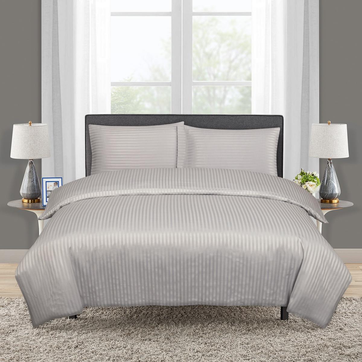 300 Thread Count Hotel Quality Sating Stripe Duvet Cover Set - Grey / King – image 4