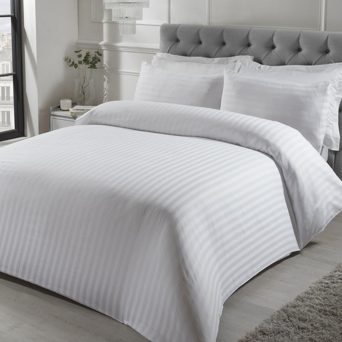 Luxury Satin Stripe Duvet Cover and Pillowcase Set - White / King – image 2