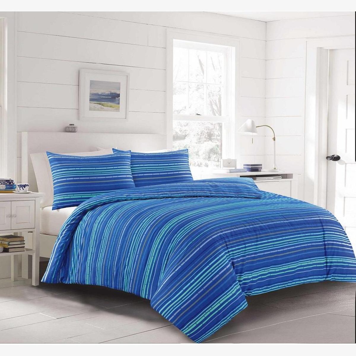 Leon Blue Stripe Duvet Cover Set Modern Fresh Bedding - Blue / King
