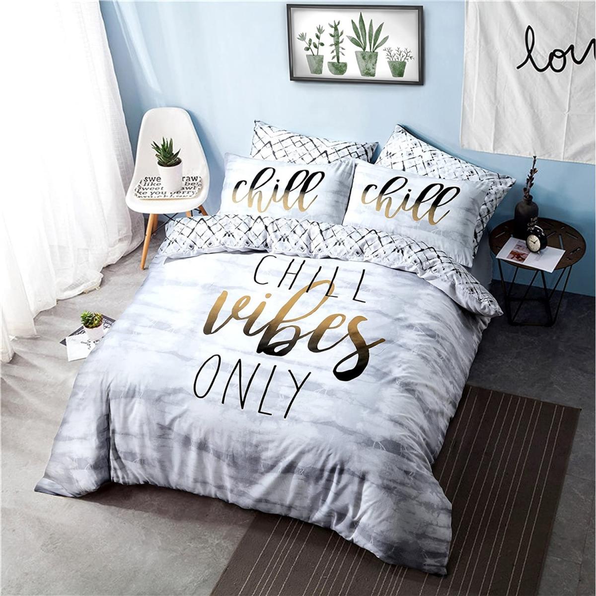 Sleepdown Chill Vibes Only Slogan Duvet Cover Set - Grey White / King