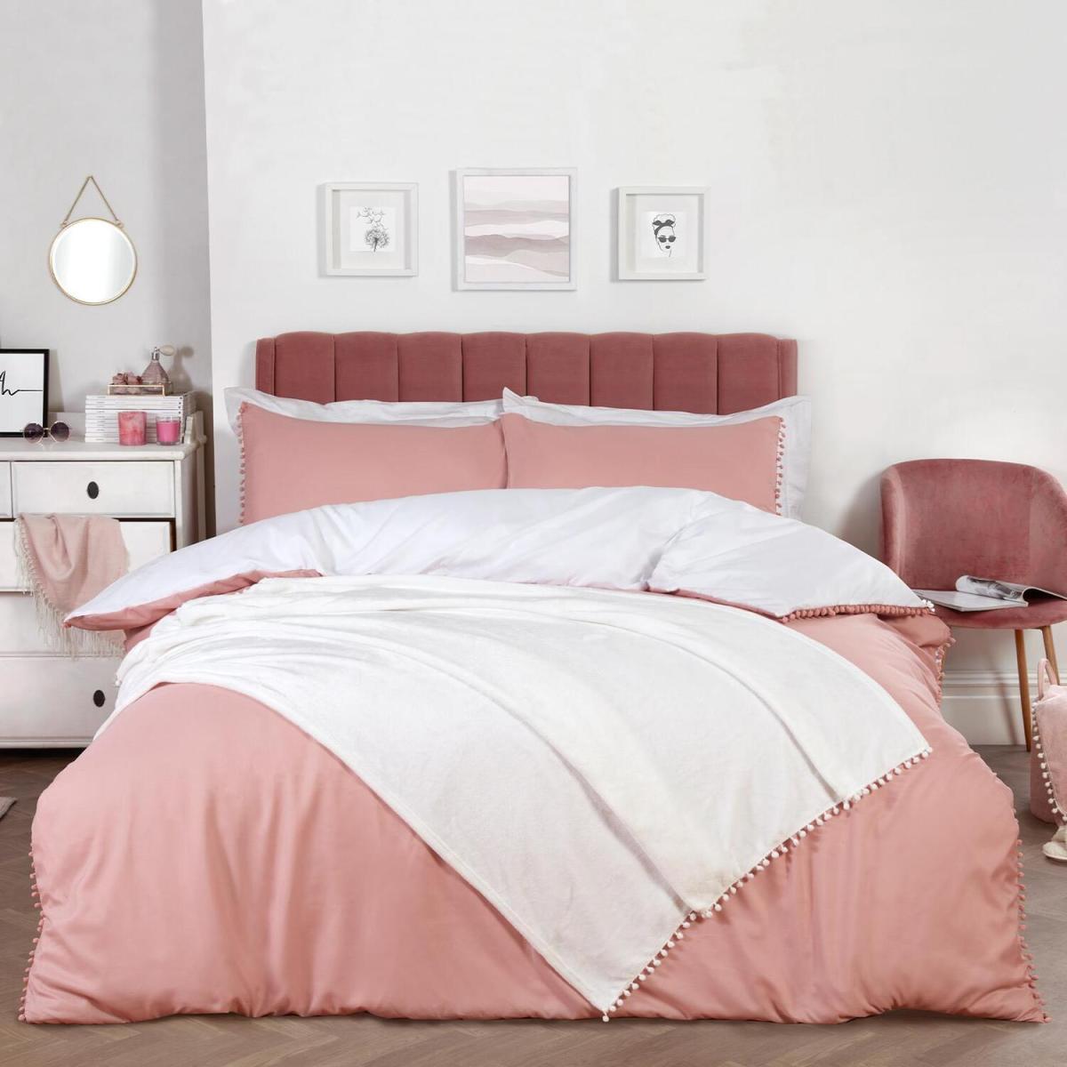 Dreamscene Pom Pom Trim Duvet Cover with Pillowcase Bedding Set - Pink / King – image 7