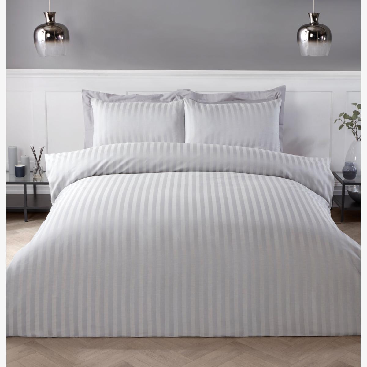 Monaco Satin Stripe Duvet Cover and Pillowcase Set - Silver / King – image 1