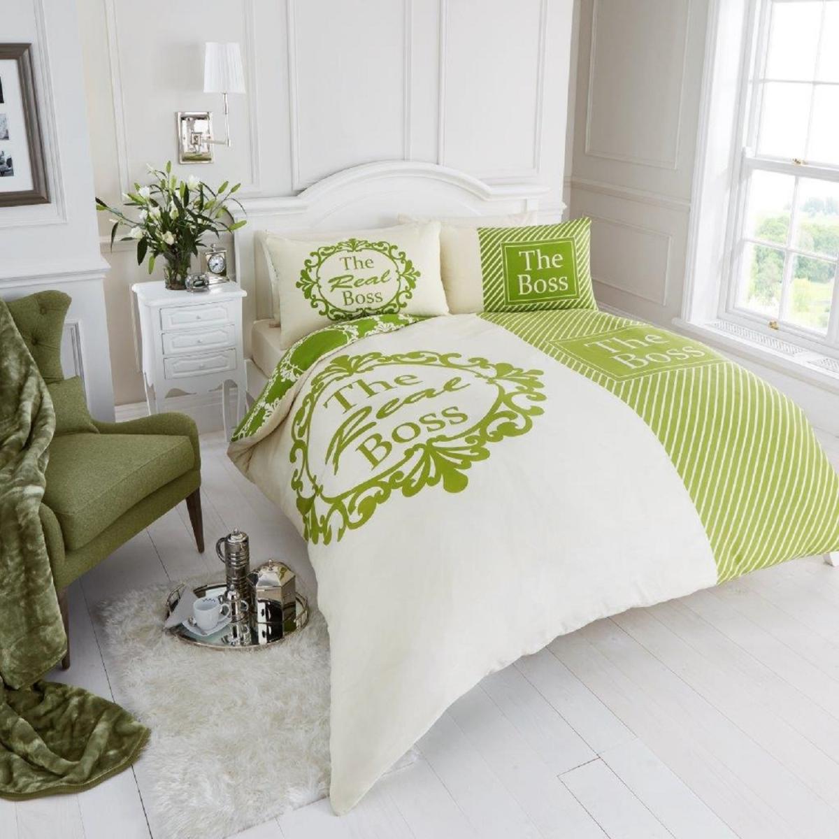 The Real Boss Duvet Cover and Pillowcase Set - Green/Cream / King