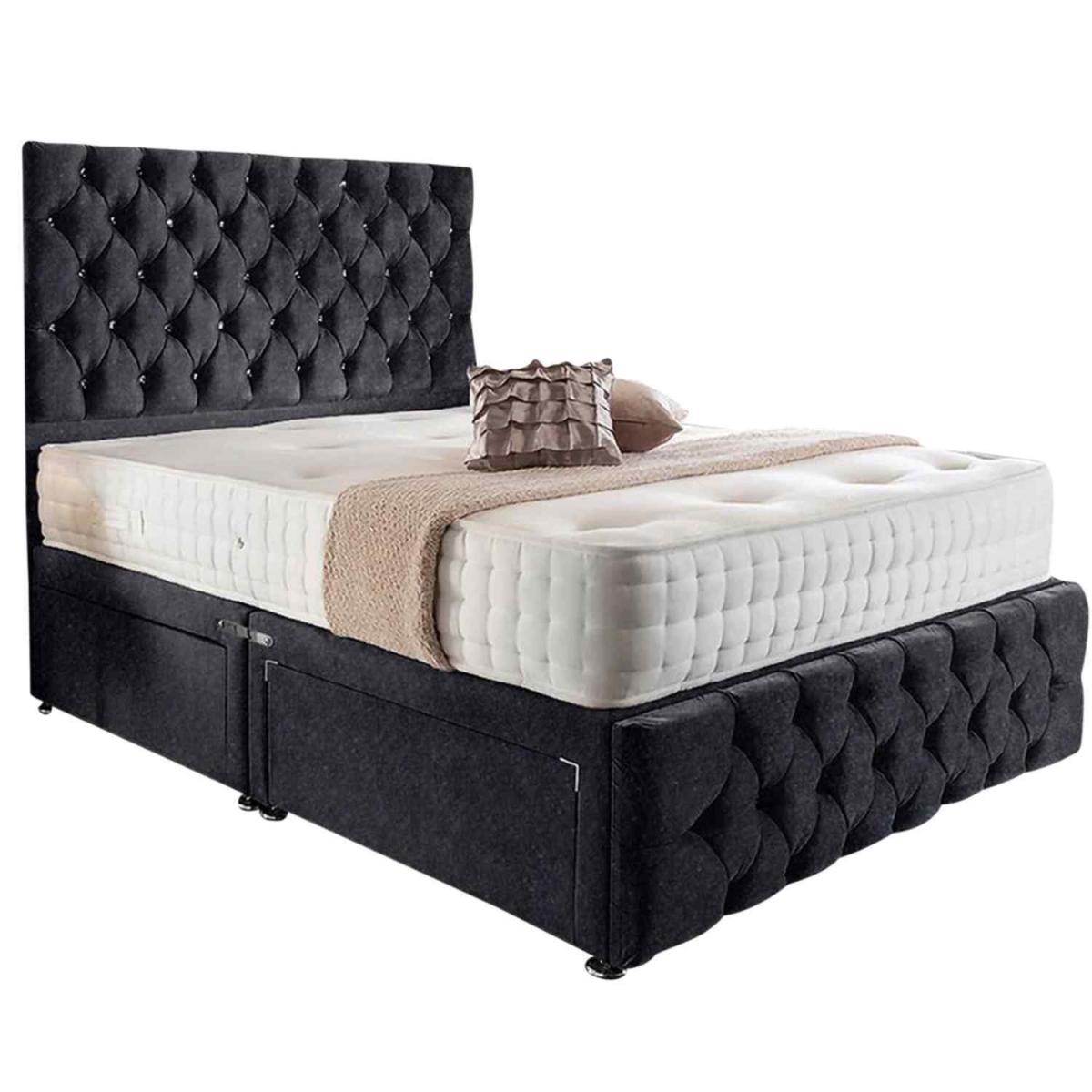 Merina Divan Bed Set with Tall Headboard Mattress-Crushed Fabric, Non Storage - Black / King – image 2