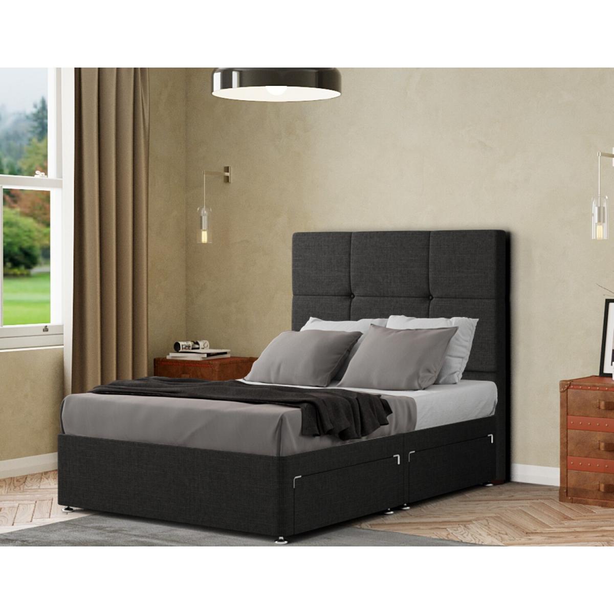 Jacob Divan Bed 2 Drawers Floor Standing Headboard Matching Buttons Linen - Black / King – image 2