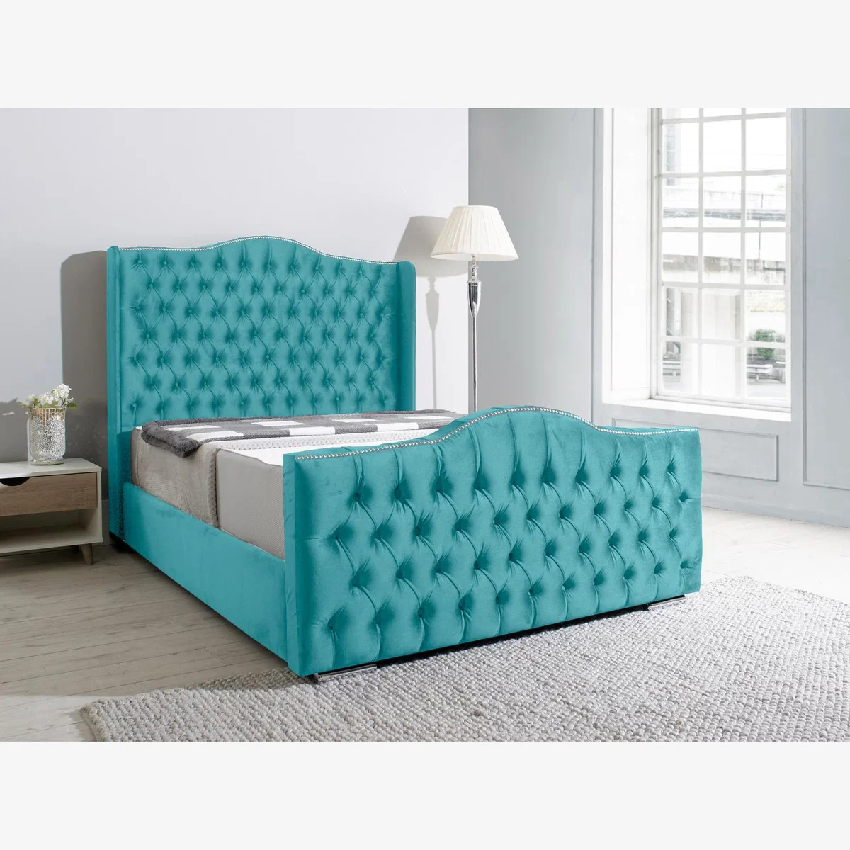 Saturn Wing Plush 4 Inch Solid Thick Bed Frame With Winged Headboard - Teal / King