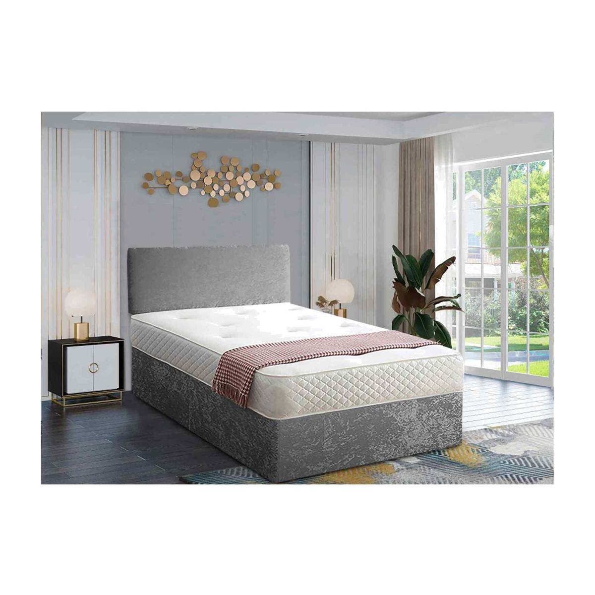 Loria Divan Bed Set with Headboard and Mattress - Chenille Fabric, Non Storage - Silver / King – image 1