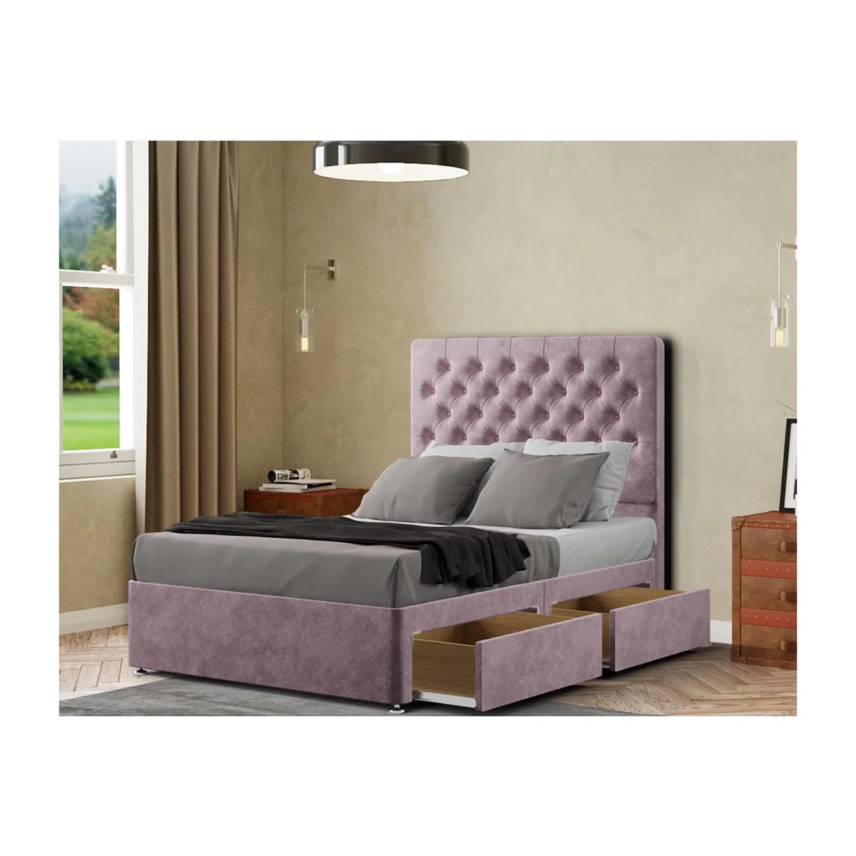 Winchester Divan Bed 2 Drawers Floor Standing Headboard Matching Buttons Plush - Blush / King – image 1