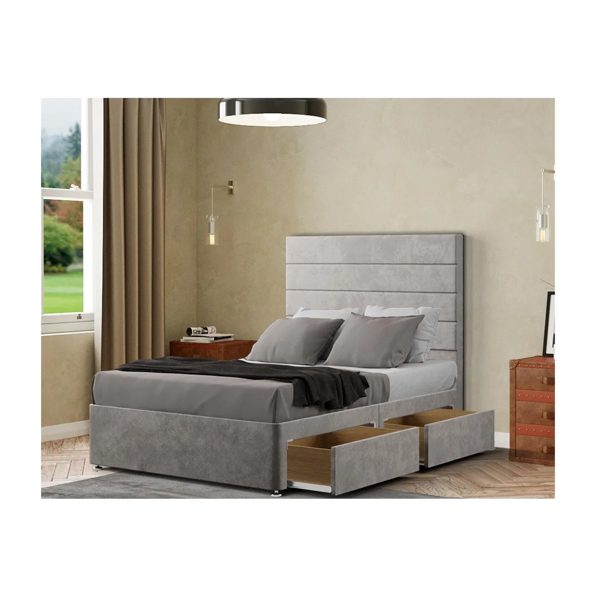George Divan Bed 2 Drawers Floor Standing Headboard Plush - Silver / King