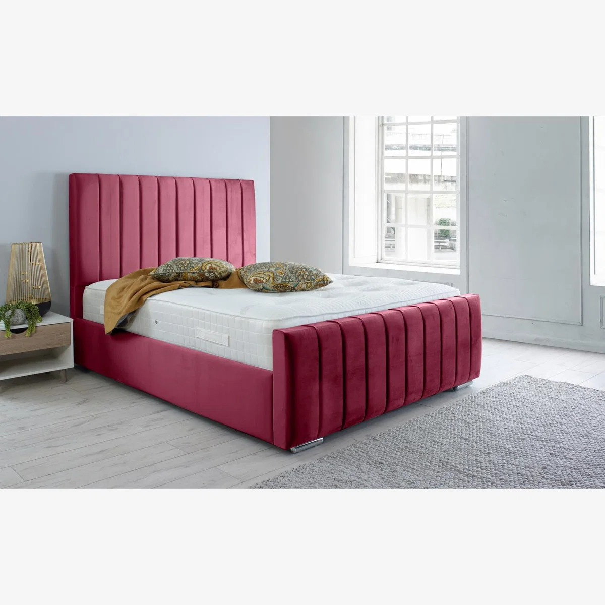 Sancia Plush 4 Inch Solid Thick Bed Frame With Lined Headboard - Maroon / King