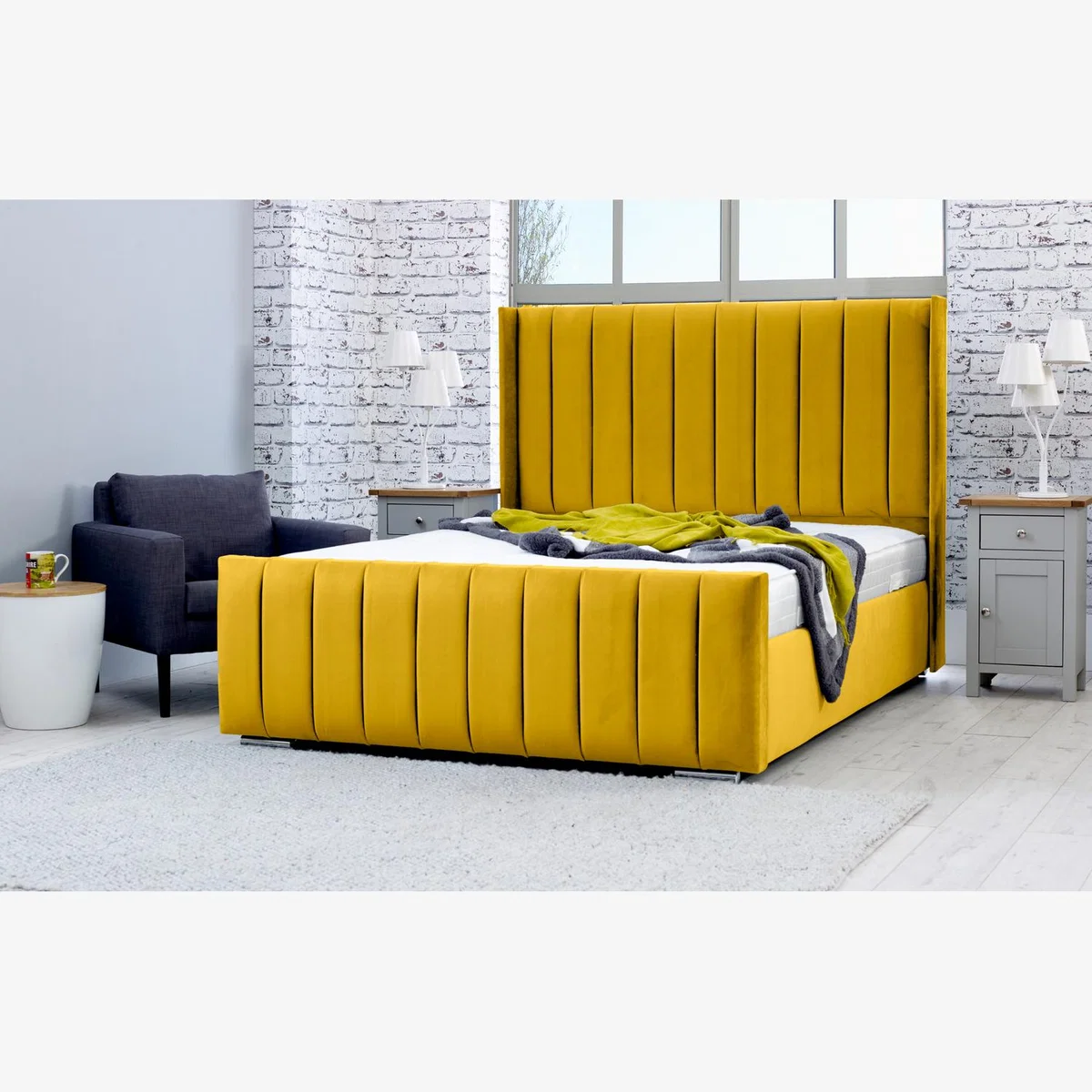 Caira Plush 4 Inch Solid Thick Bed Frame With Winged Headboard - Mustard Gold / King