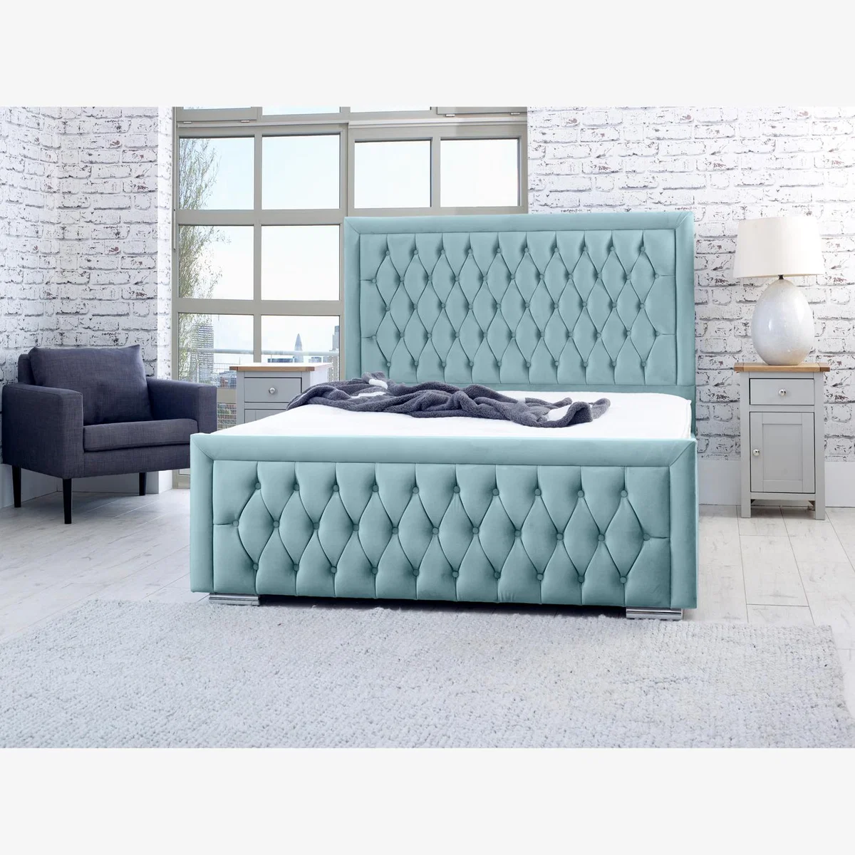 Piera Plush 4 Inch Solid Thick Bed Frame With Chesterfield Headboard - Duck Egg / King