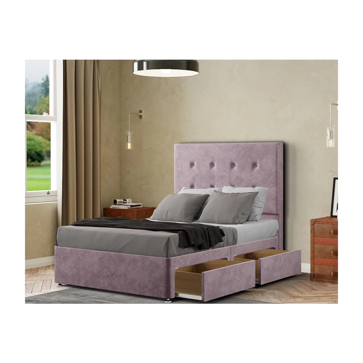 Darlington Divan Bed 2 Drawers Floor Standing Headboard Matching Buttons Plush - Blush / King – image 1