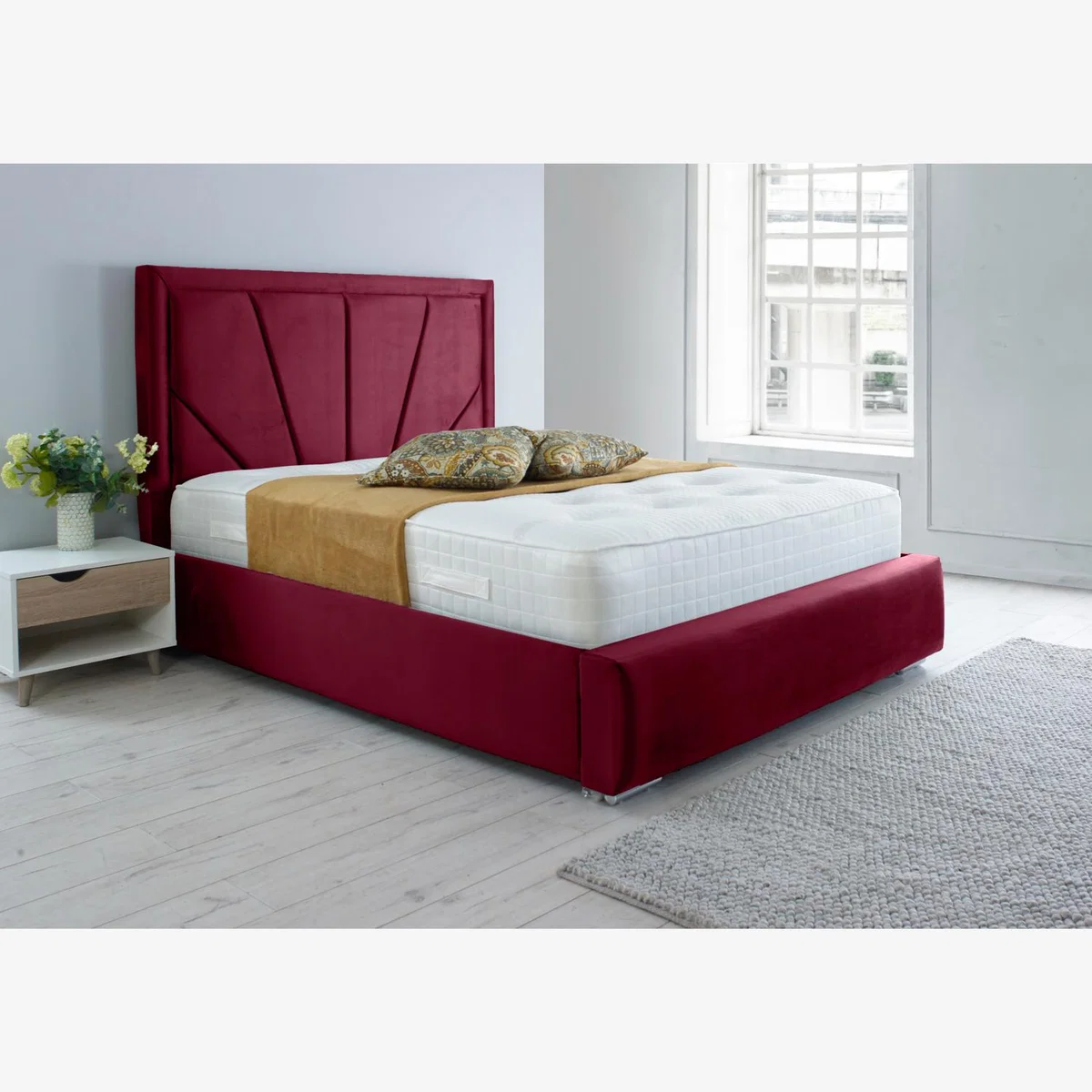 Itala Plush 4 Inch Solid Thick Bed Frame With Lined Headboard - Maroon / King