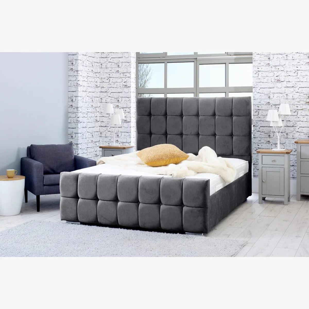 Capri Plush 4 Inch Solid Thick Bed Frame With Cubed Headboard - Steel / King