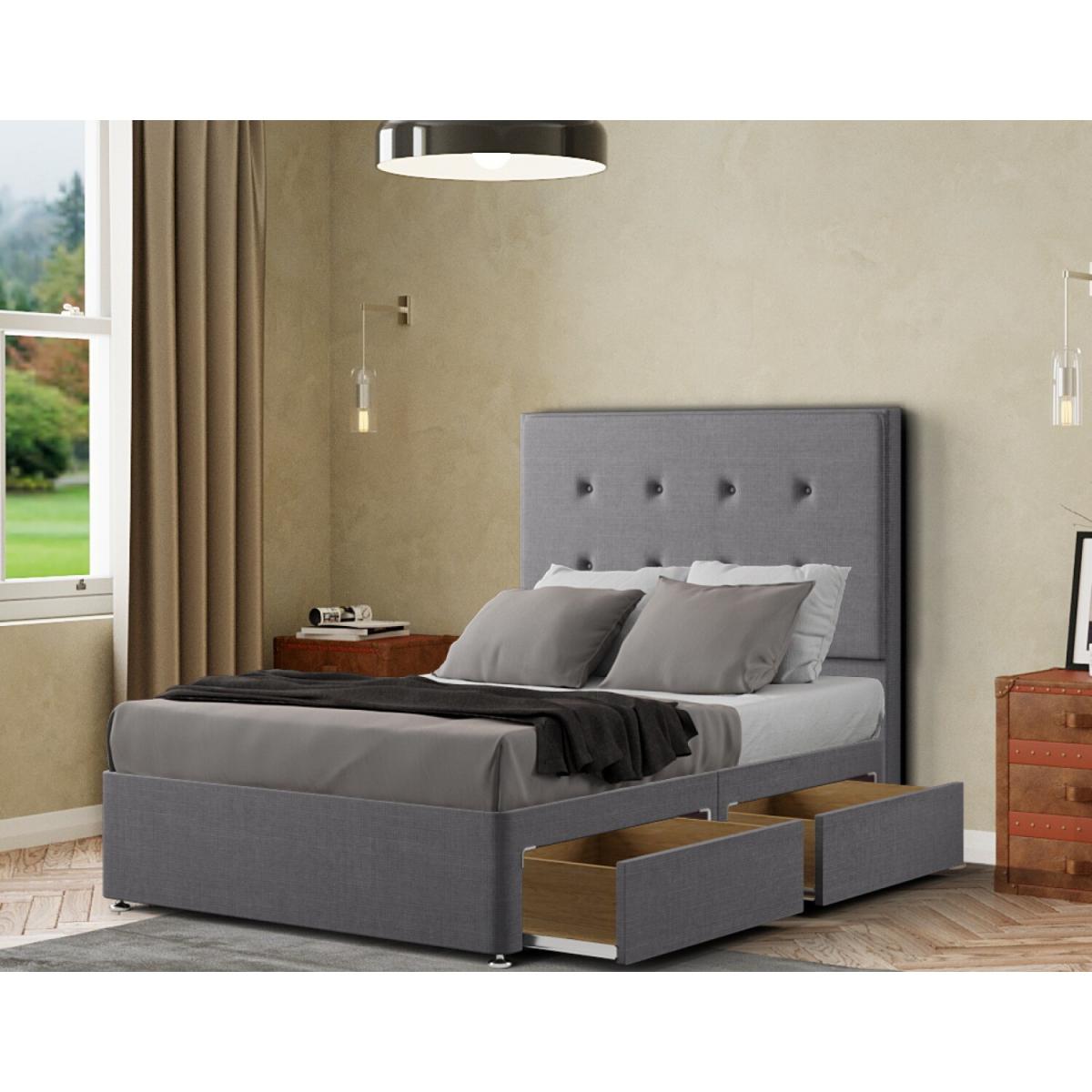 Darlington Divan Bed 2 Drawers Floor Standing Headboard Matching Buttons Linen - Grey / King – image 2