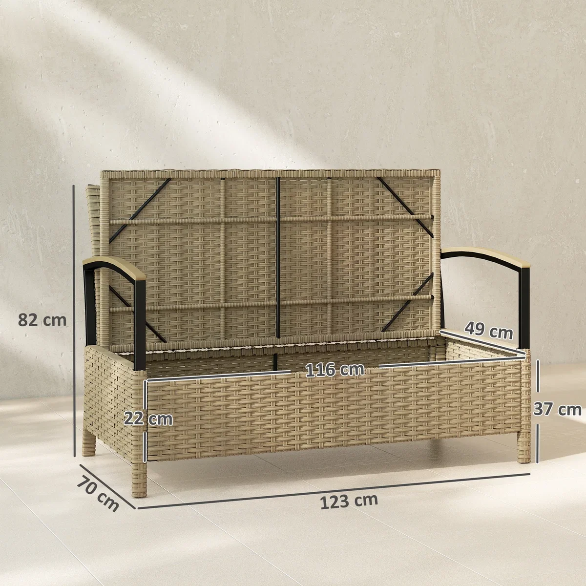 Outsunny 125L Garden Storage Bench, 2 Seater PE Rattan Outdoor Bench - Khaki – image 3