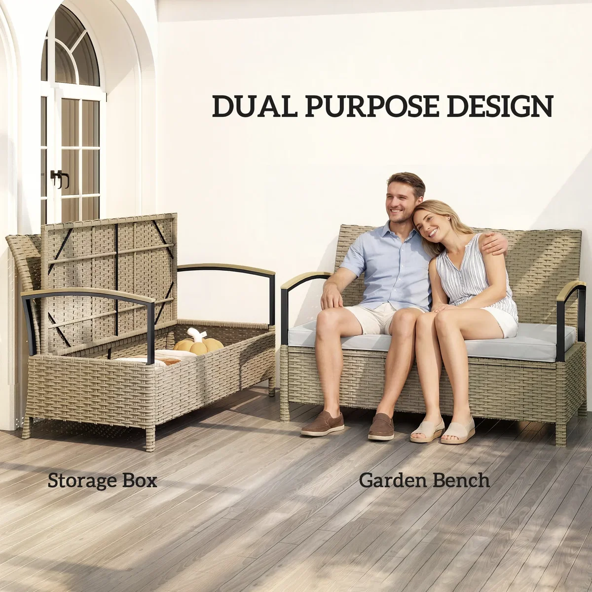 Outsunny 125L Garden Storage Bench, 2 Seater PE Rattan Outdoor Bench - Khaki – image 4