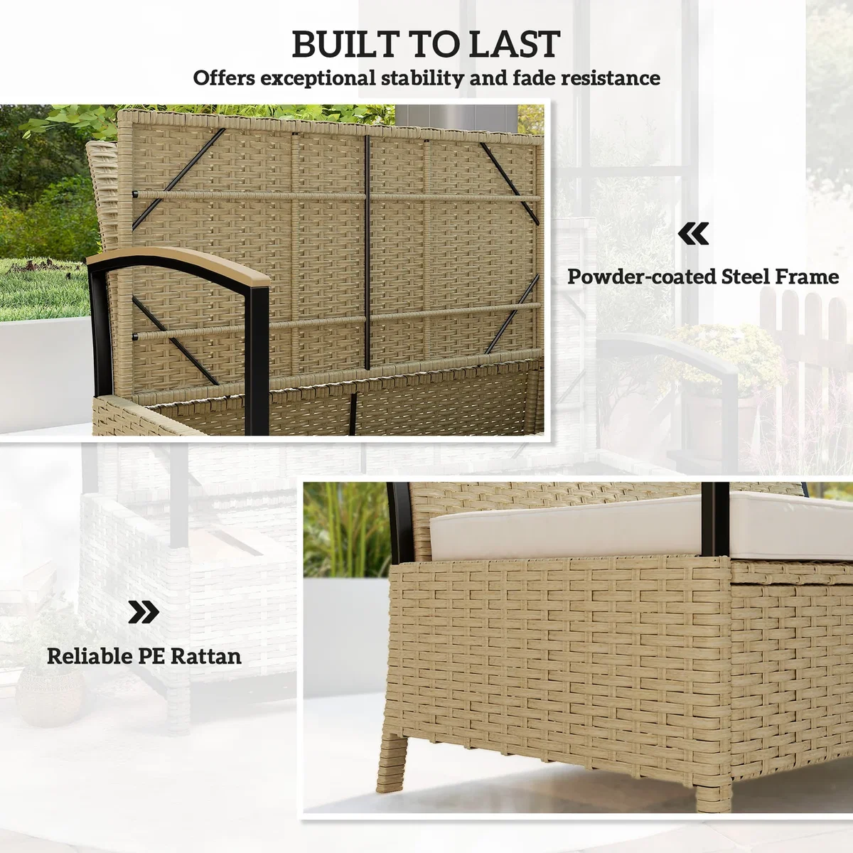 Outsunny 125L Garden Storage Bench, 2 Seater PE Rattan Outdoor Bench - Khaki – image 6