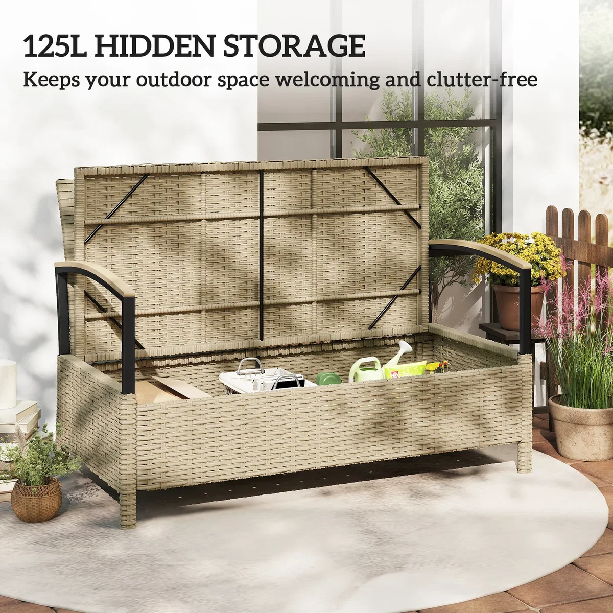 Outsunny 125L Garden Storage Bench, 2 Seater PE Rattan Outdoor Bench - Khaki – image 7