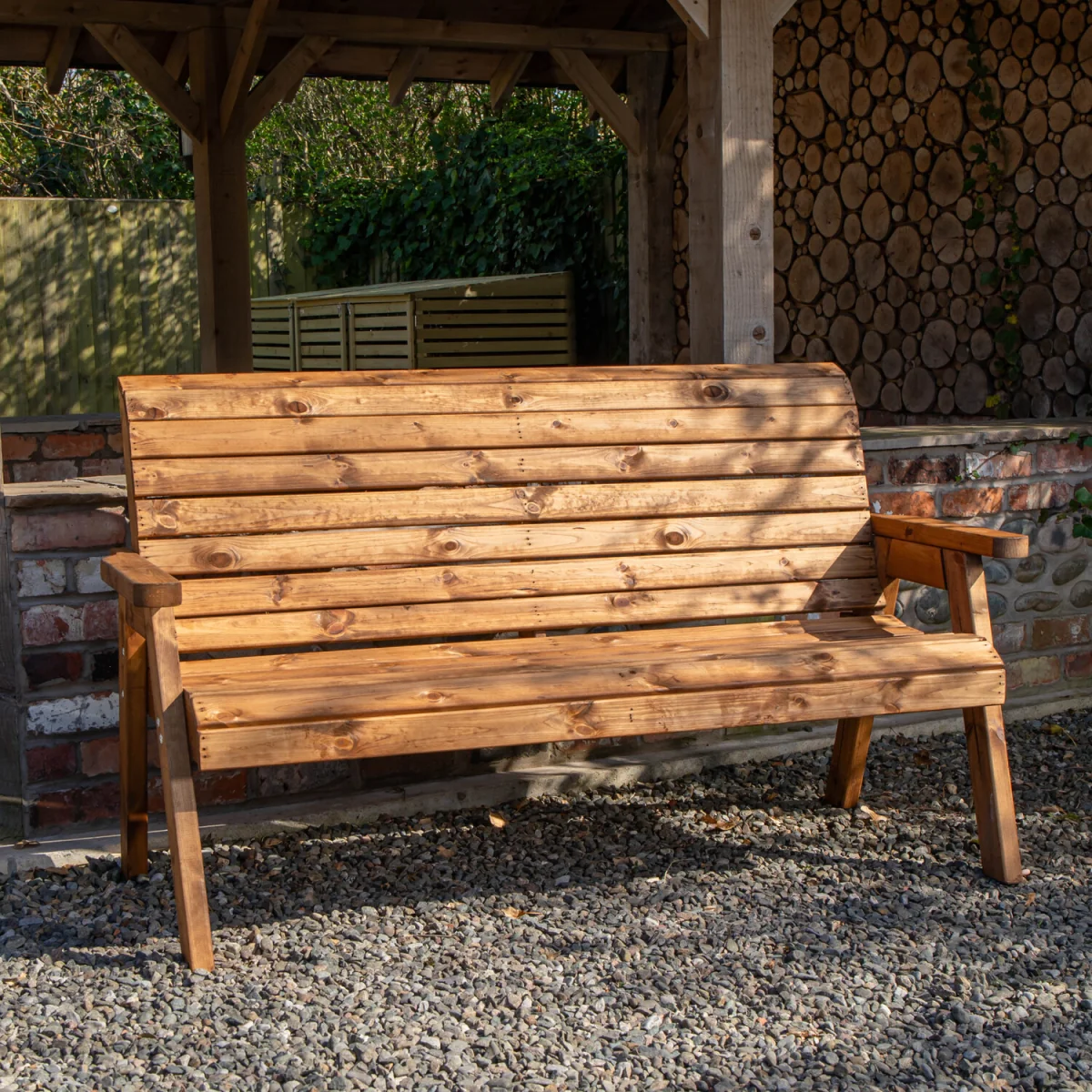 Charles Taylor Hand Made Traditional 3 Seater Chunky Rustic Wooden Garden Bench Furniture Assembled - Brown – image 2