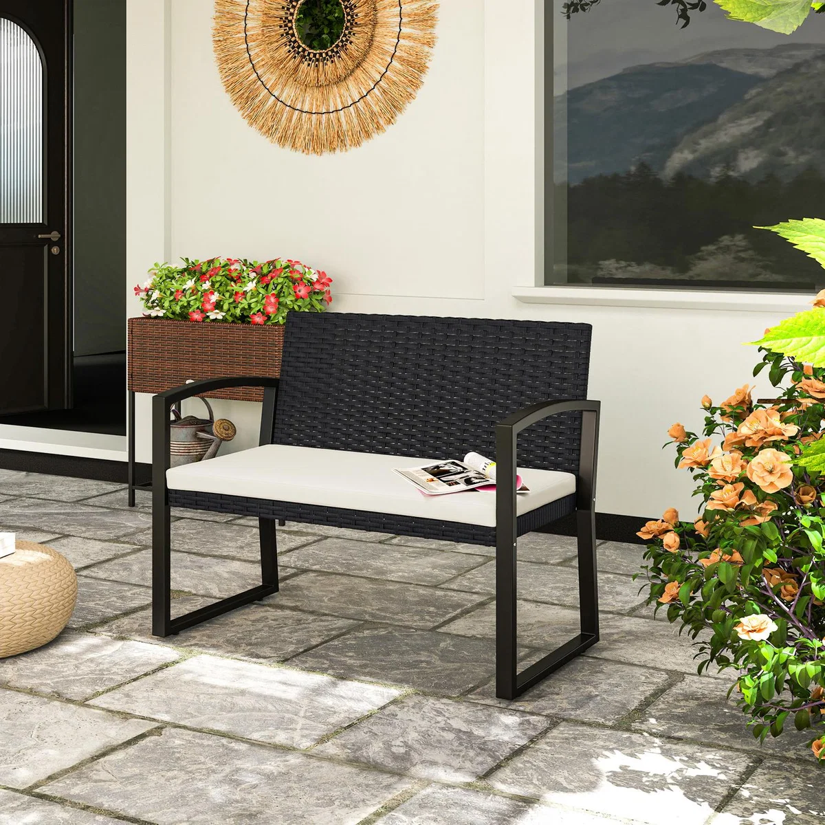 Outsunny Rattan Two-seater Garden Bench with Cushion - Black
