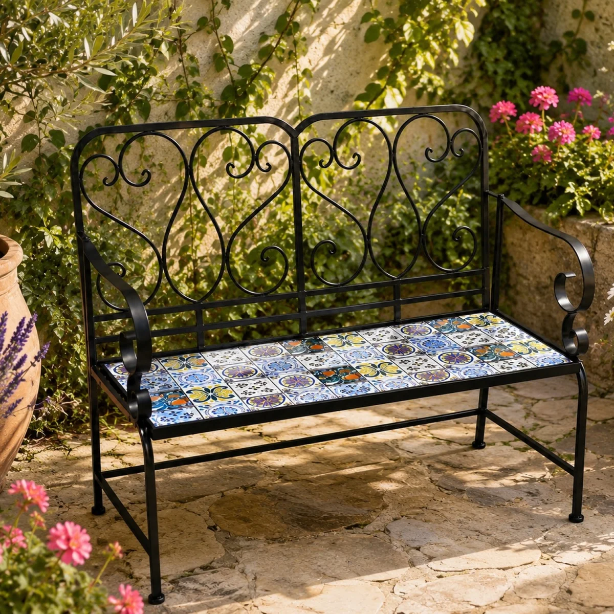 Lisbon Mosaic 2 Seater Garden Bench - Black frame with mosaic tile seat – image 2