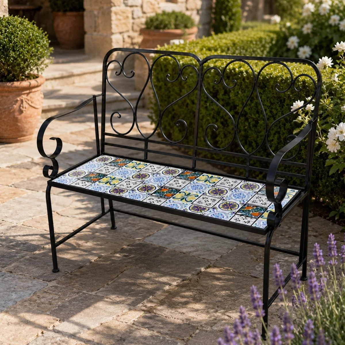 Lisbon Mosaic 2 Seater Garden Bench - Black frame with mosaic tile seat – image 4