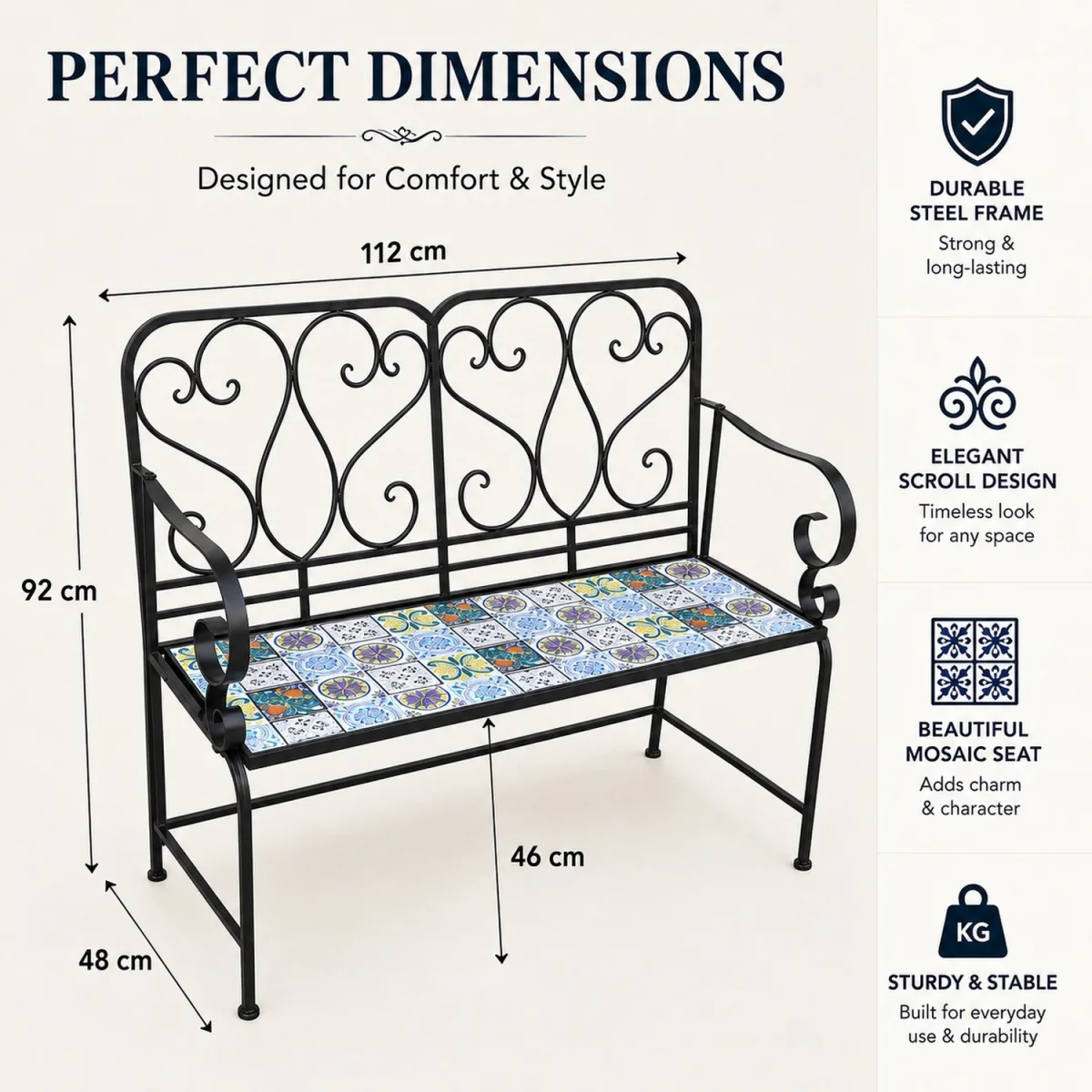 Lisbon Mosaic 2 Seater Garden Bench - Black frame with mosaic tile seat – image 5